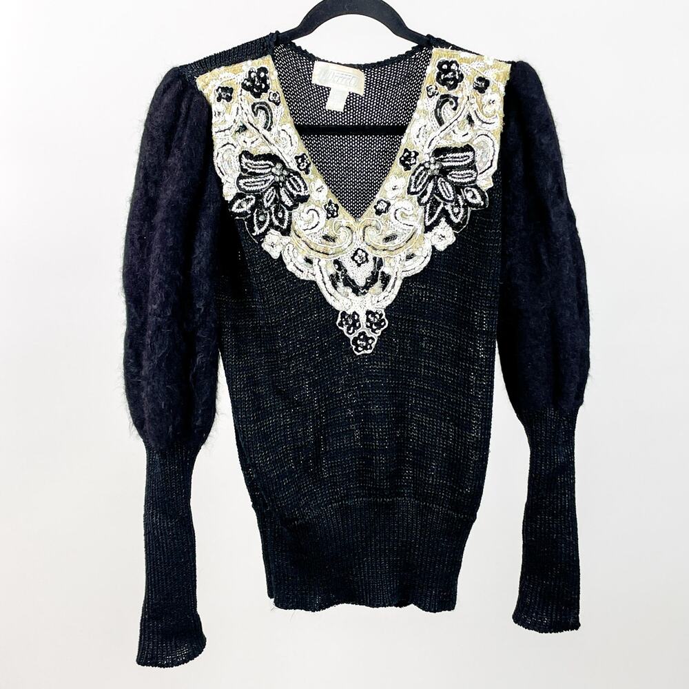 Vintage Beaded Puff Sleeve Sweater Sequin Retro 80s 90s Fuzzy Sleeve Balloon 70s